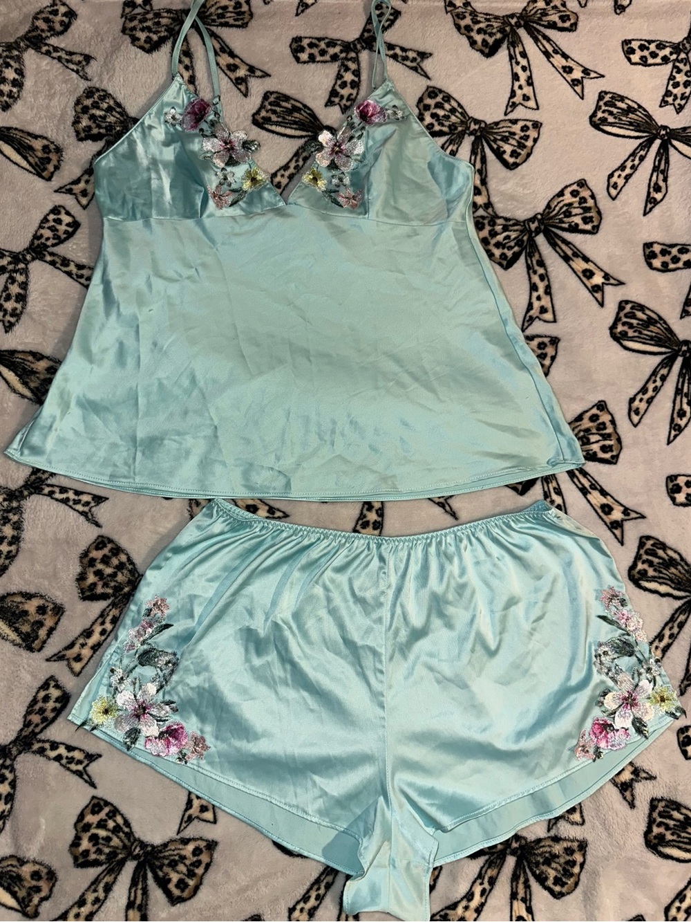 Victoria's Secret Light Blue (Tiffany)Satin Floral Embroidered Camisole & Shorts